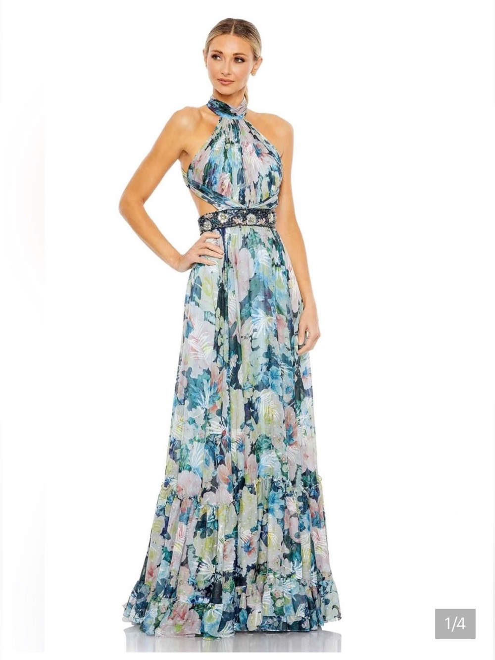 NWT Mac Duggal 68089 Floral Halter Embellished Maxi Gown $598